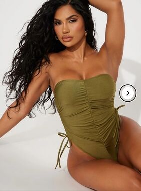Fashion Nova Swim Olive Green Ruched Strapless One Piece L